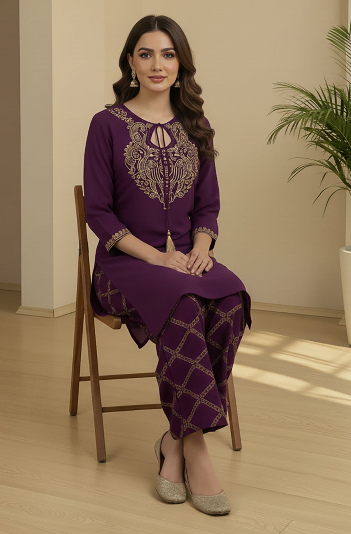Janasya Purple Straight Rayon Blend Pant Co-ord Sets | Grocsy