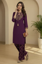 Janasya Purple Straight Rayon Blend Pant Co-ord Sets | Grocsy