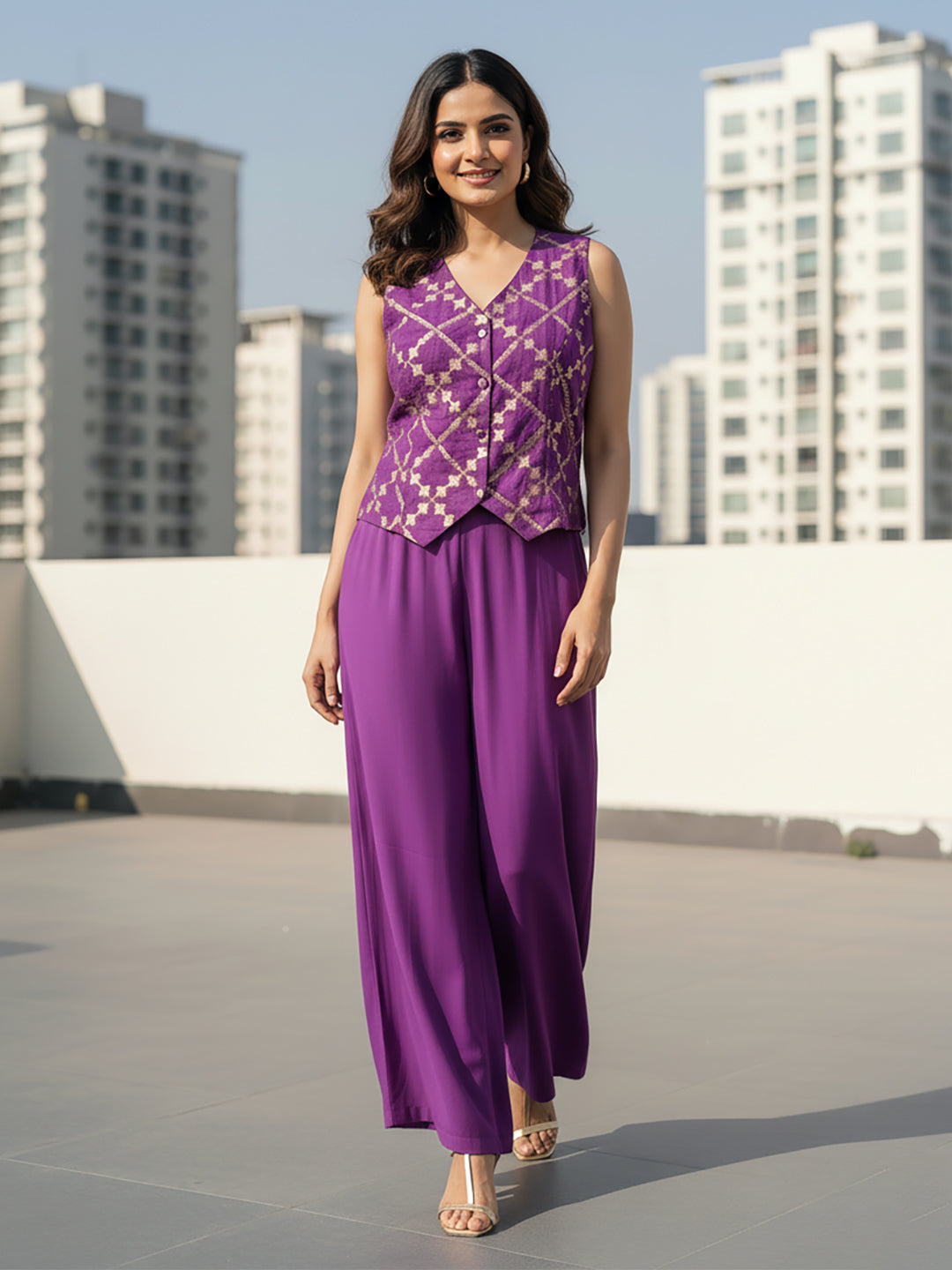 Janasya Purple Straight Silk Blend Pant Co-ord Sets | Grocsy