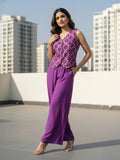 Janasya Purple Straight Silk Blend Pant Co-ord Sets | Grocsy