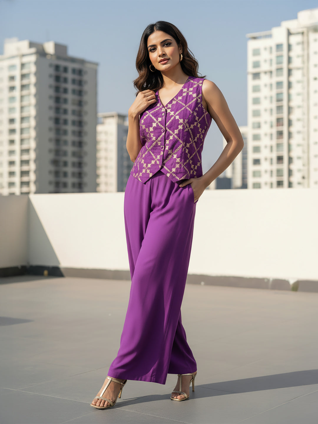 Janasya Purple Straight Silk Blend Pant Co-ord Sets | Grocsy