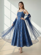 Janasya Royal Blue Flared Silk Blend Dress & Dupatta | Grocsy