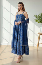 Janasya Royal Blue Flared Silk Blend Dress & Dupatta | Grocsy