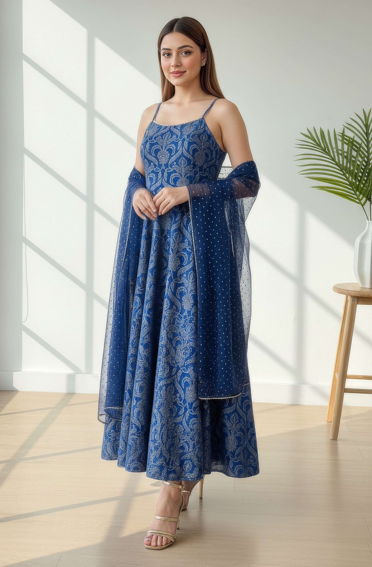 Janasya Royal Blue Flared Silk Blend Dress & Dupatta | Grocsy
