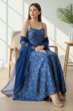 Janasya Royal Blue Flared Silk Blend Dress & Dupatta | Grocsy