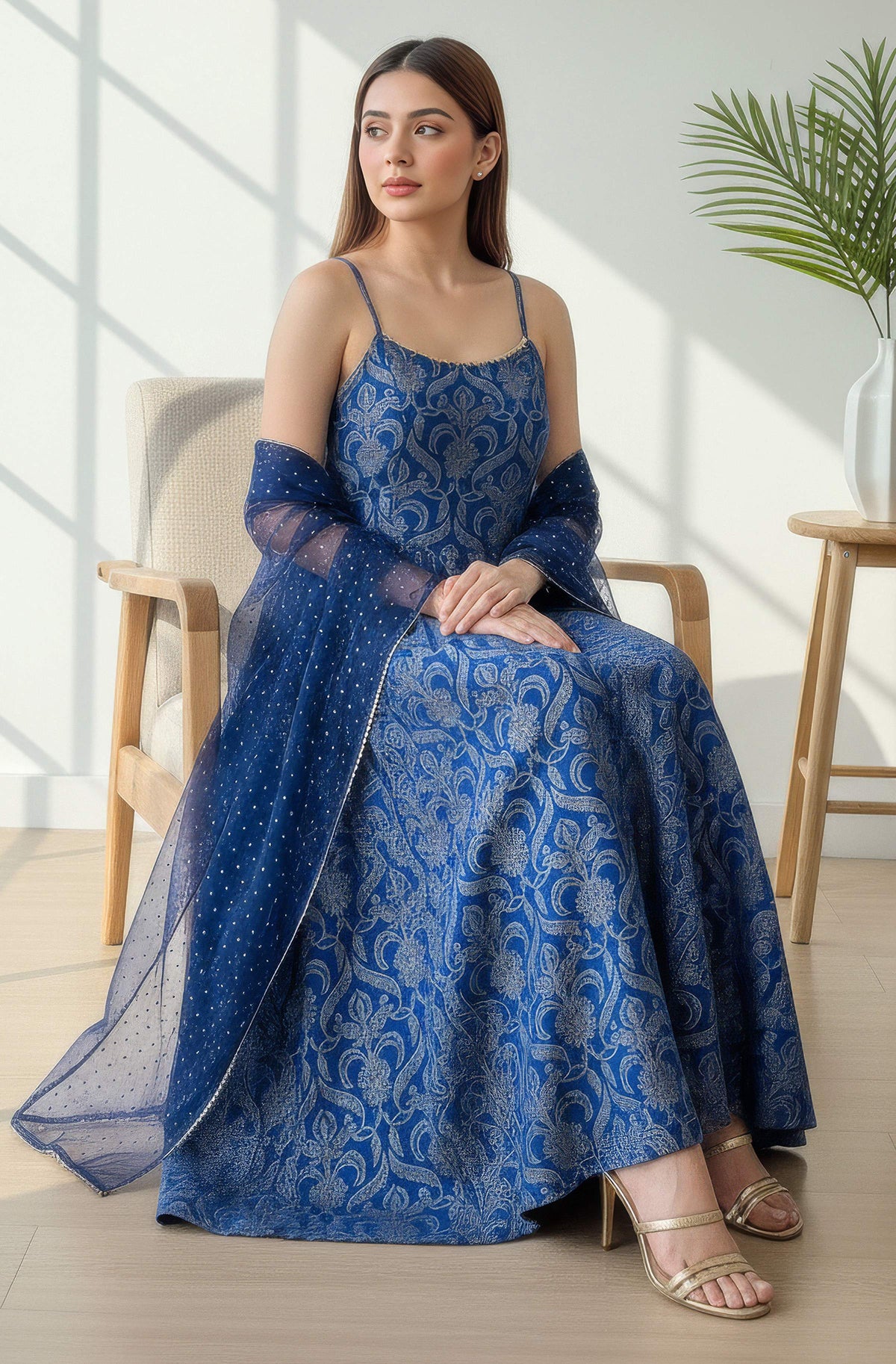 Janasya Royal Blue Flared Silk Blend Dress & Dupatta | Grocsy