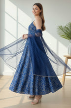Janasya Royal Blue Flared Silk Blend Dress & Dupatta | Grocsy