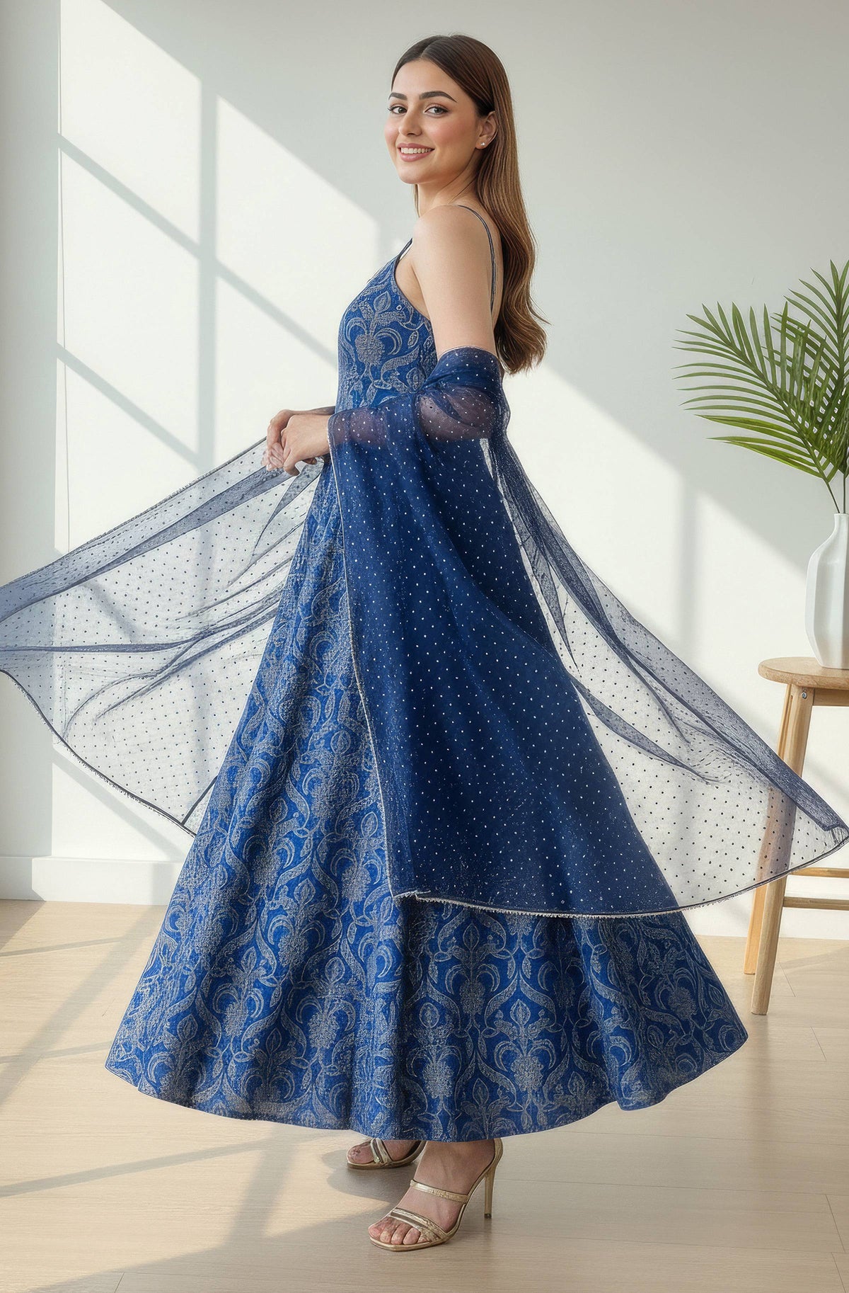 Janasya Royal Blue Flared Silk Blend Dress & Dupatta | Grocsy