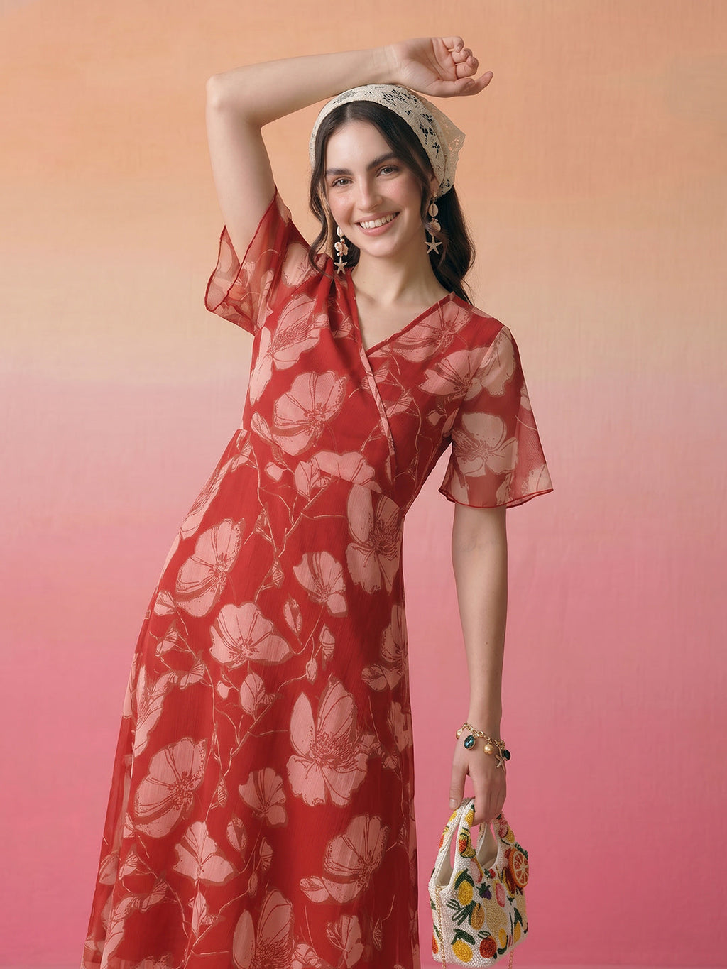 Janasya Rust A-Line Chiffon Dress | Grocsy