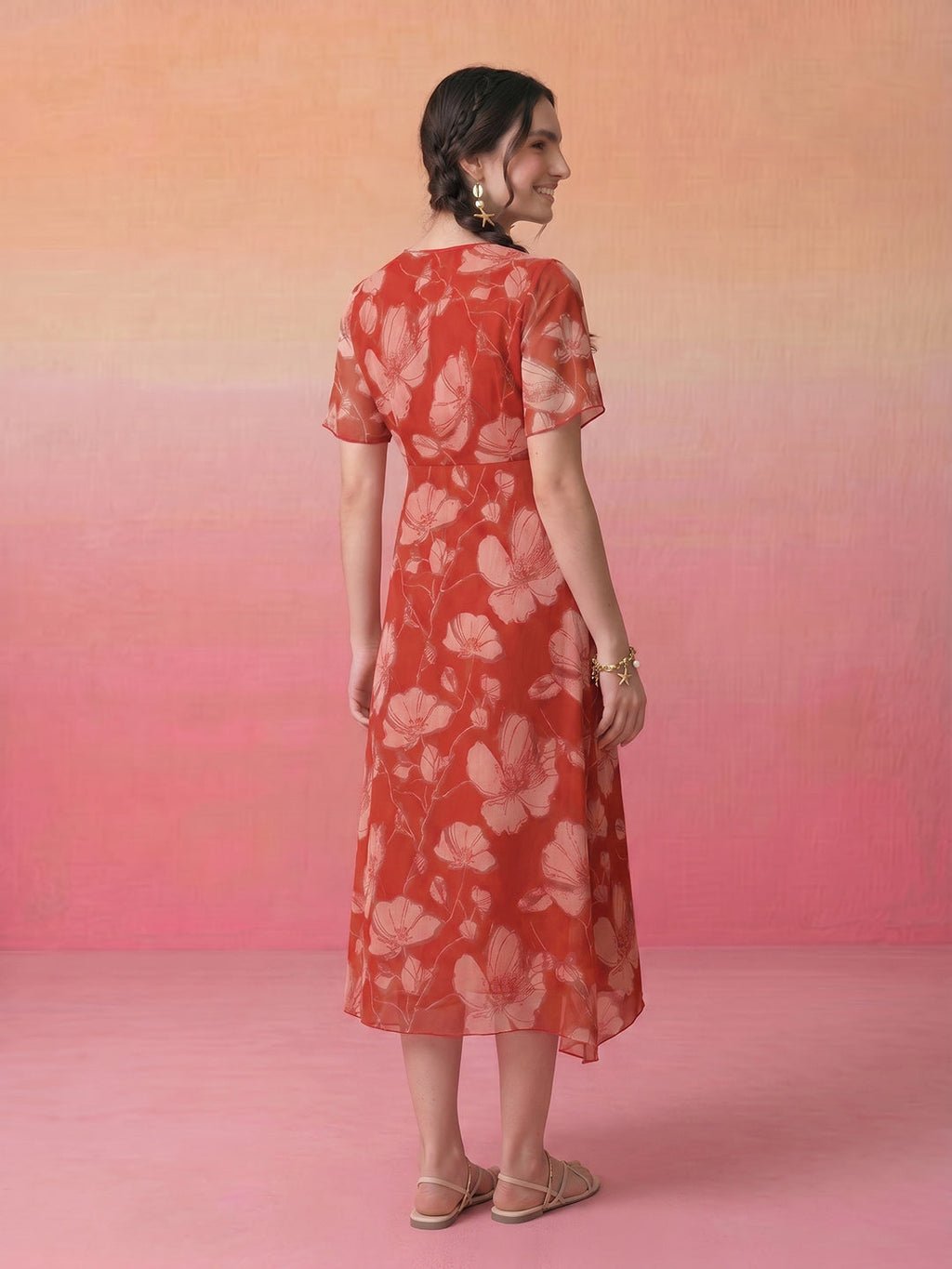 Janasya Rust A-Line Chiffon Dress | Grocsy