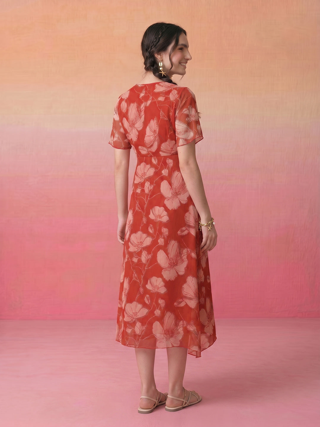 Janasya Rust A-Line Chiffon Dress | Grocsy