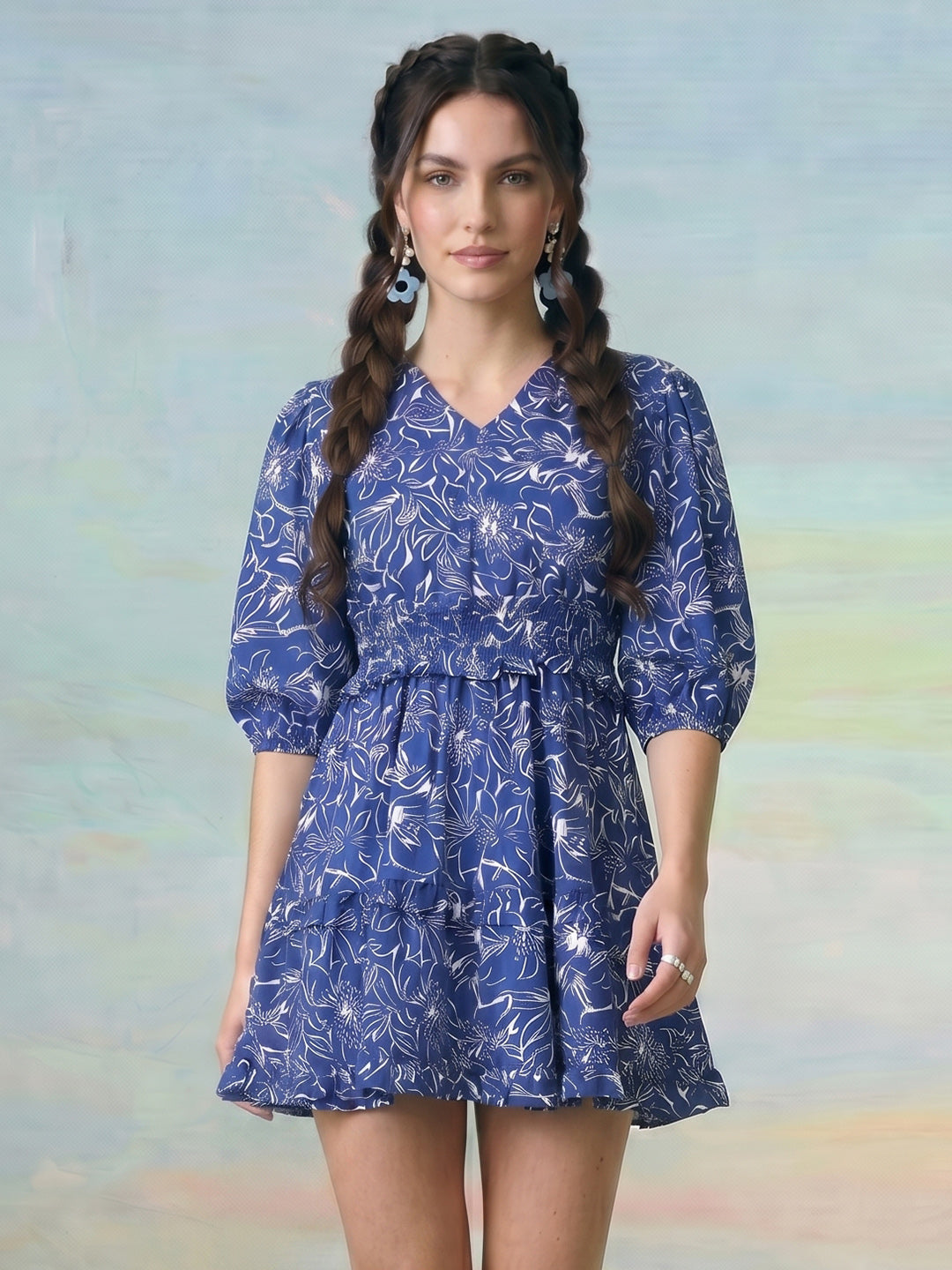 Janasya Blue Fit & Flare Rayon Blend Dress | Grocsy