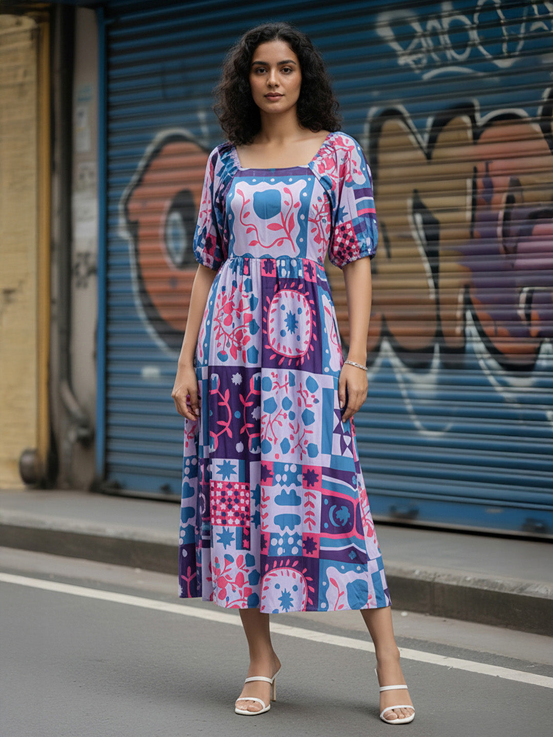 Janasya Lavender Fit & Flare Rayon Blend Dress | Grocsy