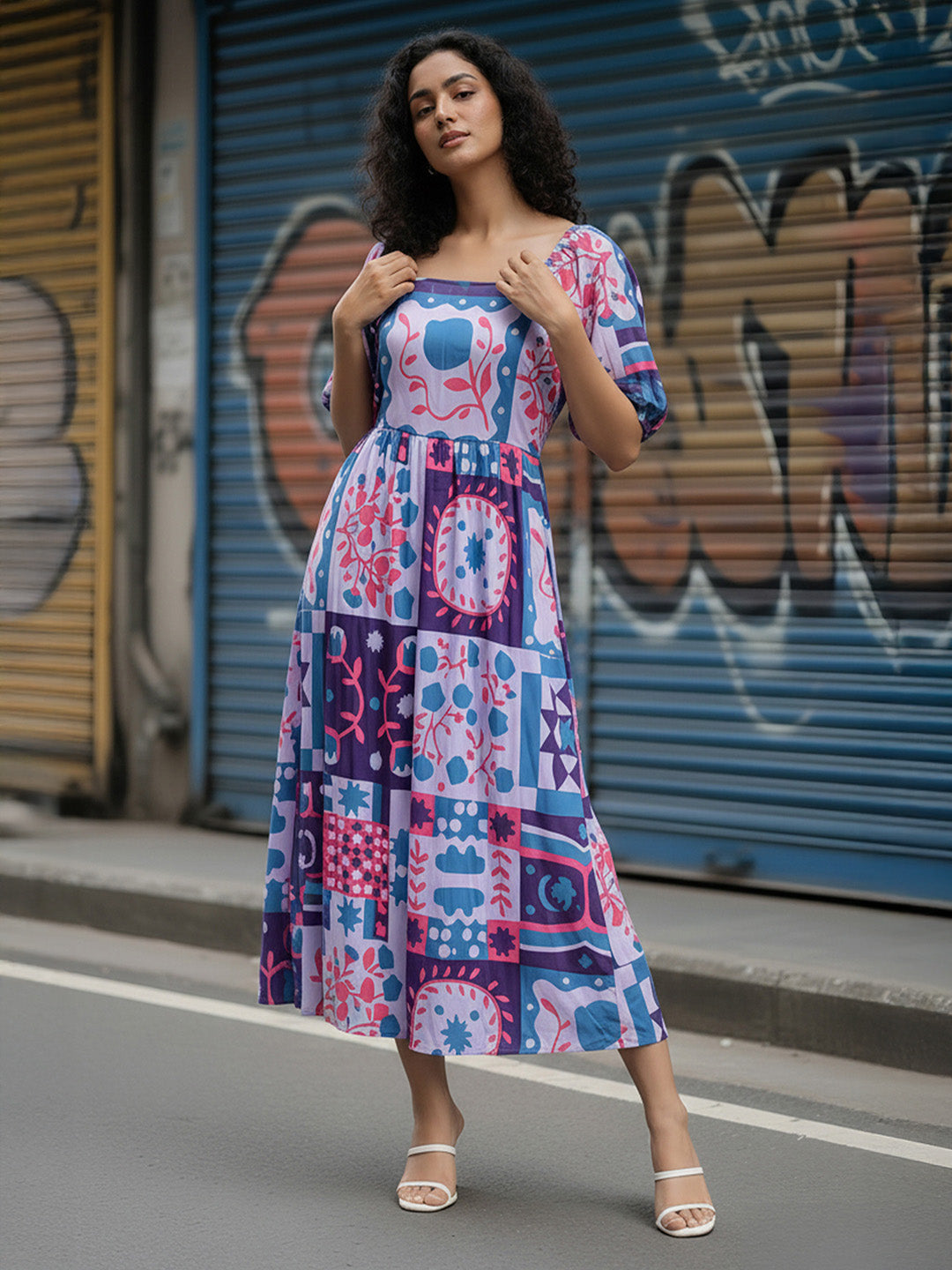 Janasya Lavender Fit & Flare Rayon Blend Dress | Grocsy