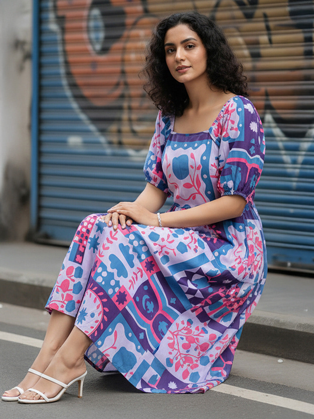 Janasya Lavender Fit & Flare Rayon Blend Dress | Grocsy