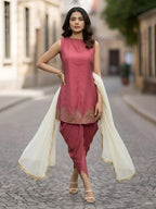 Janasya Mauve A-Line Silk Blend Kurta,Bottom & Dupatta | Grocsy