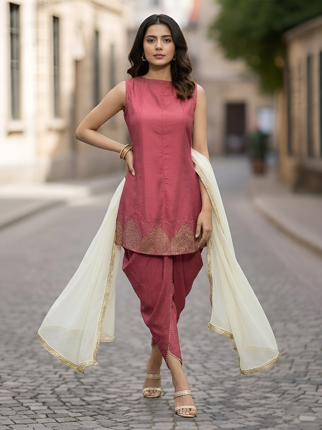 Janasya Mauve A-Line Silk Blend Kurta,Bottom & Dupatta | Grocsy