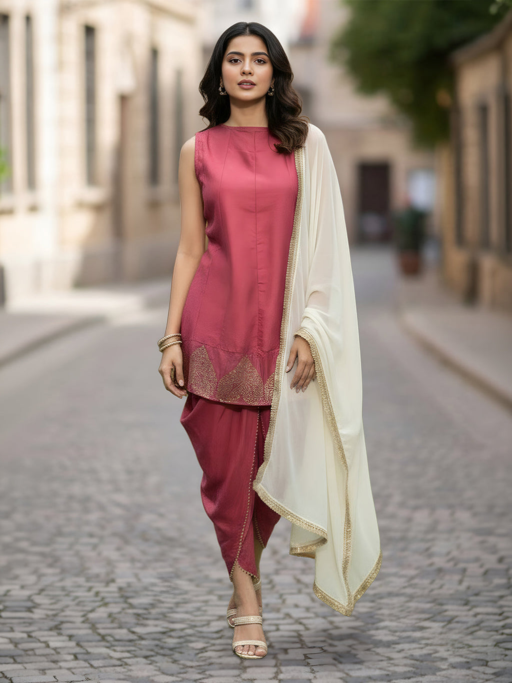Janasya Mauve A-Line Silk Blend Kurta,Bottom & Dupatta | Grocsy
