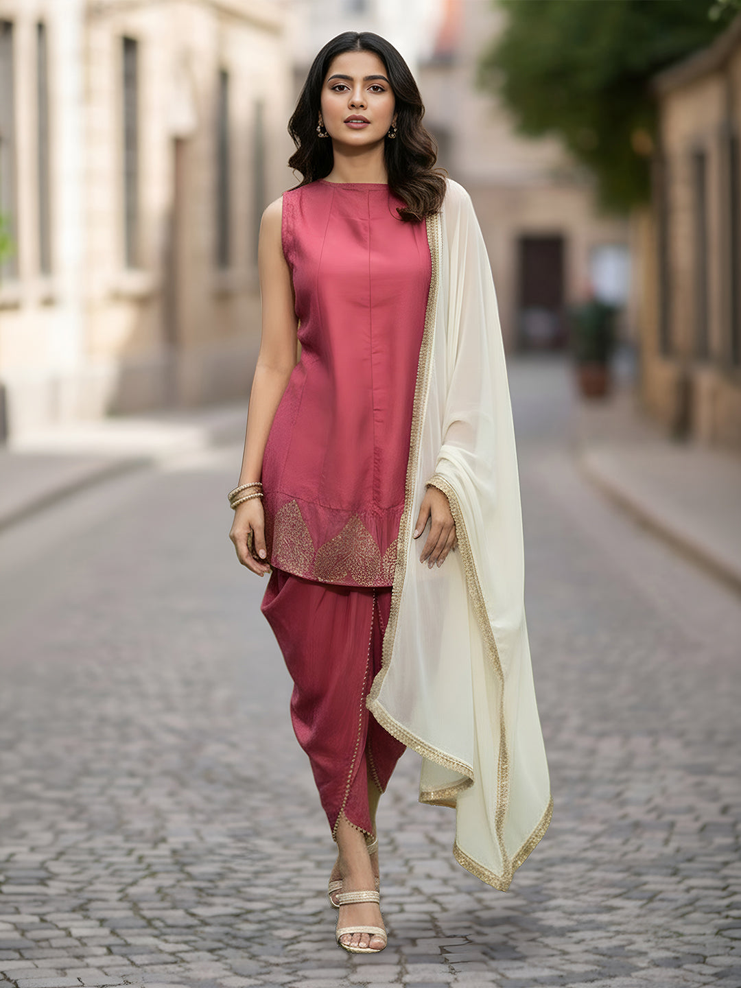 Janasya Mauve A-Line Silk Blend Kurta,Bottom & Dupatta | Grocsy