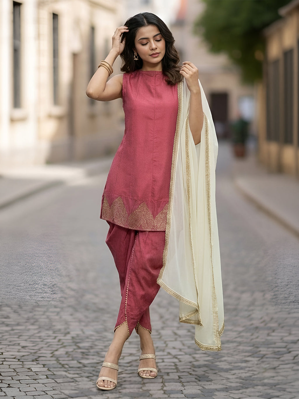 Janasya Mauve A-Line Silk Blend Kurta,Bottom & Dupatta | Grocsy