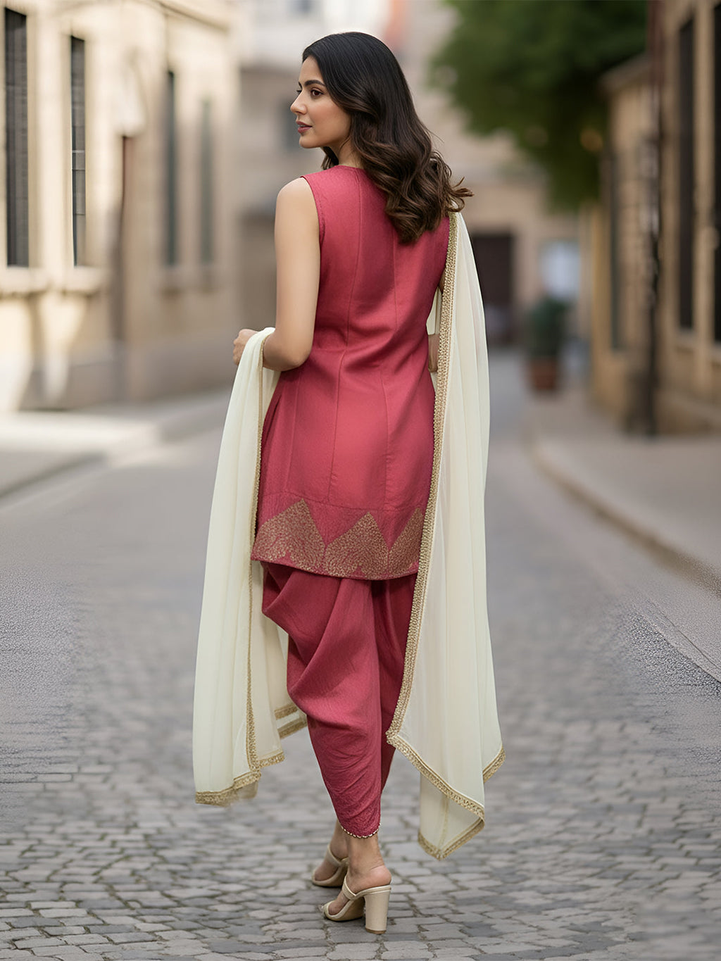 Janasya Mauve A-Line Silk Blend Kurta,Bottom & Dupatta | Grocsy