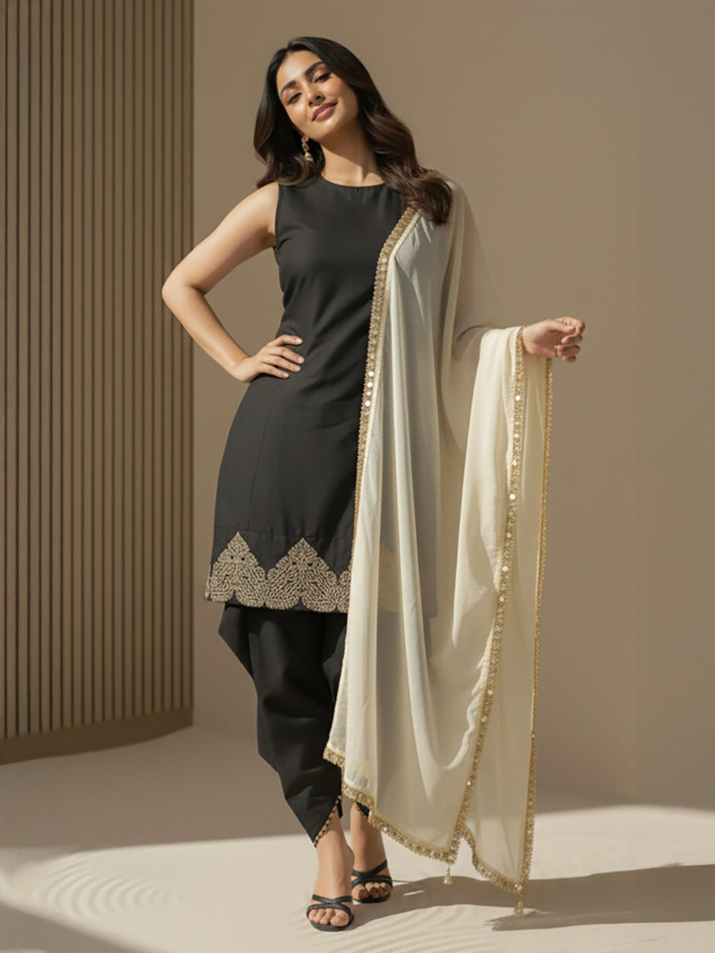 Janasya Black A-Line Silk Blend Kurta,Bottom & Dupatta | Grocsy