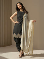 Janasya Black A-Line Silk Blend Kurta,Bottom & Dupatta | Grocsy