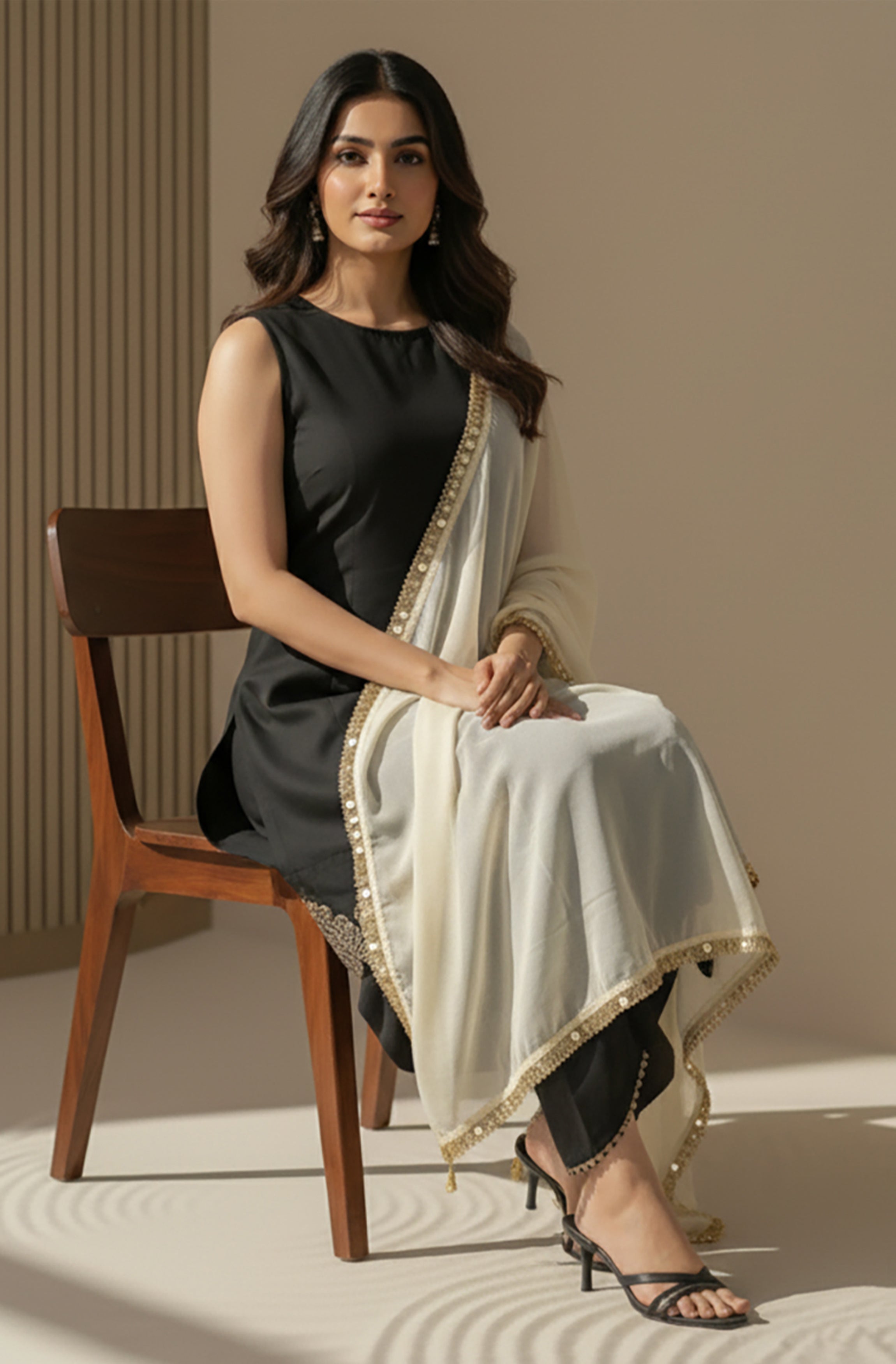 Janasya Black A-Line Silk Blend Kurta,Bottom & Dupatta | Grocsy