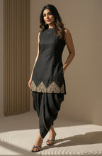 Janasya Black A-Line Silk Blend Kurta,Bottom & Dupatta | Grocsy
