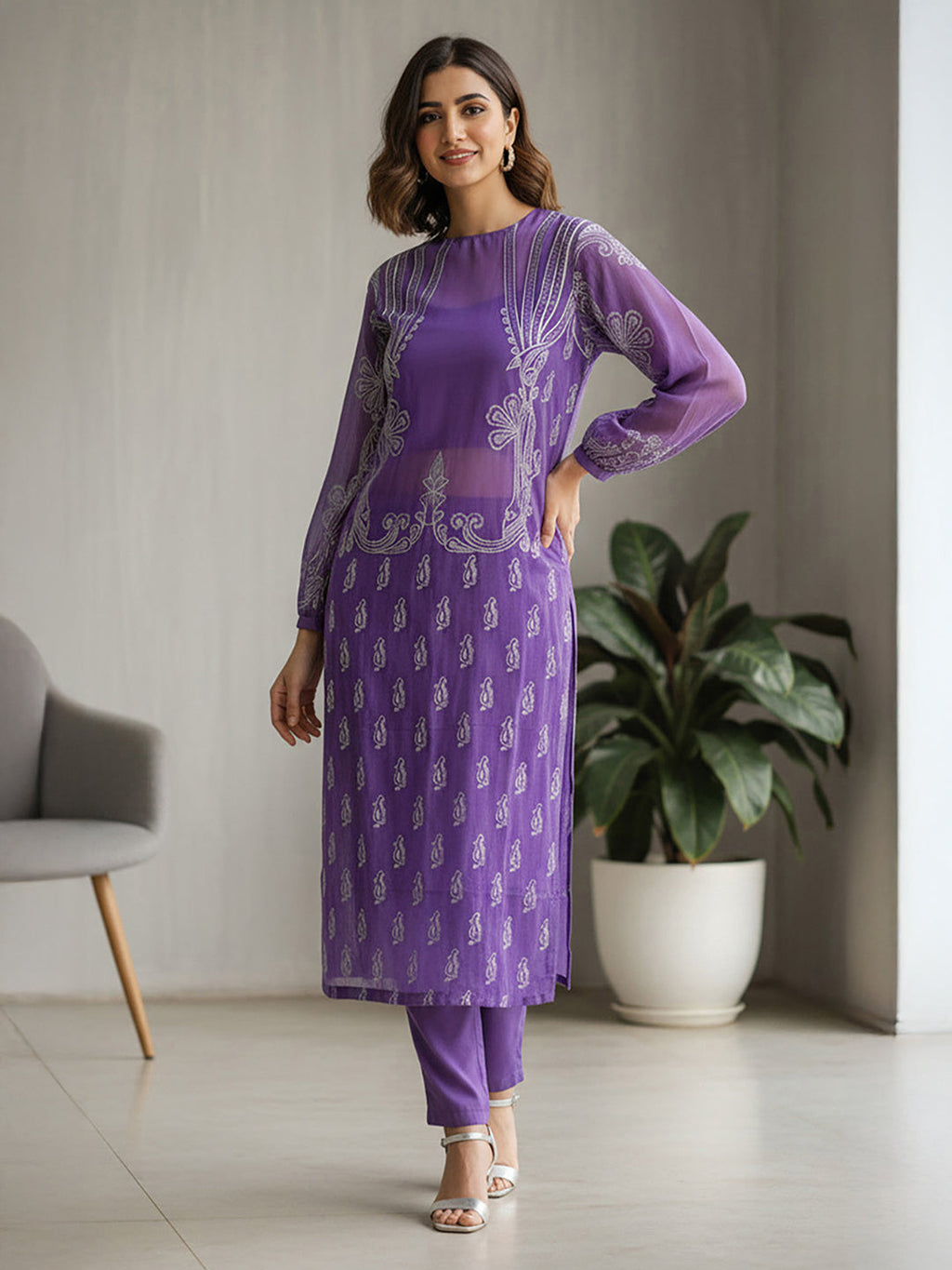 Janasya Purple Straight Georgette Kurta, Bottom & Inner | Grocsy