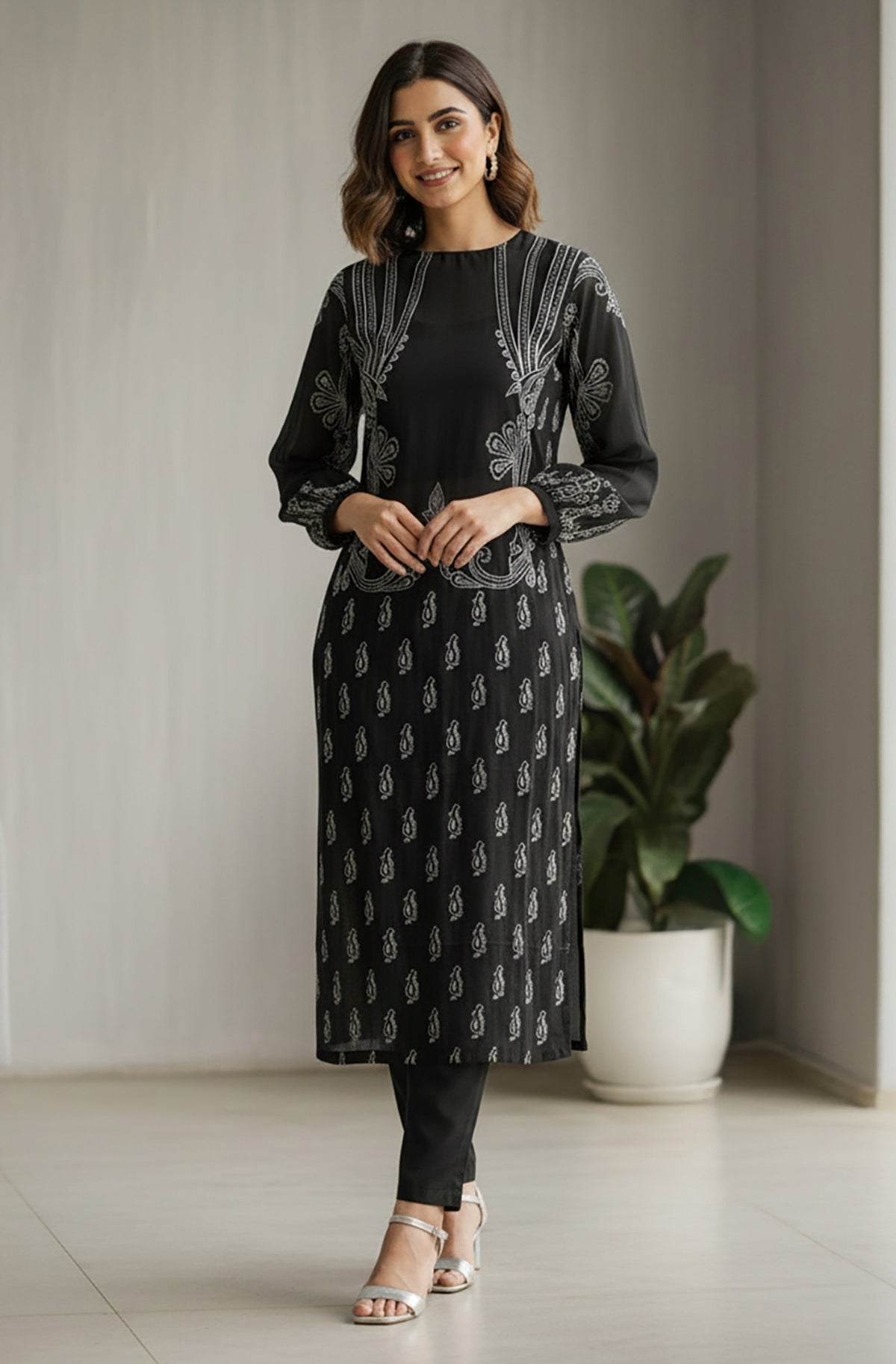 Janasya Black Straight Georgette Kurta, Bottom & Inner | Grocsy
