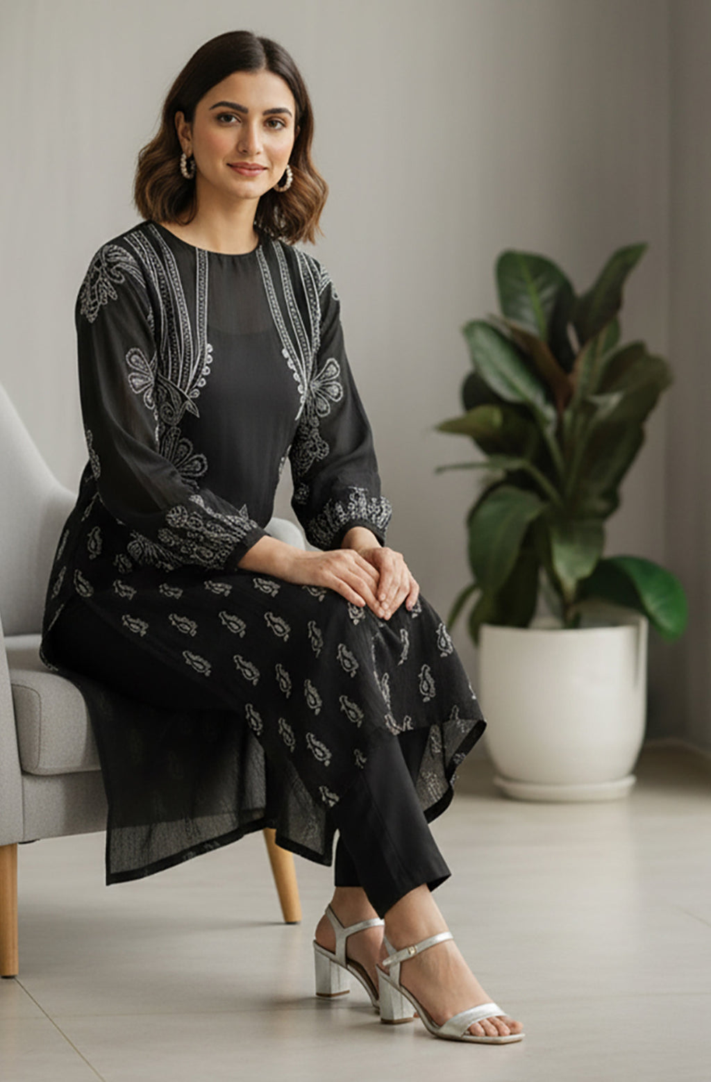 Janasya Black Straight Georgette Kurta, Bottom & Inner | Grocsy
