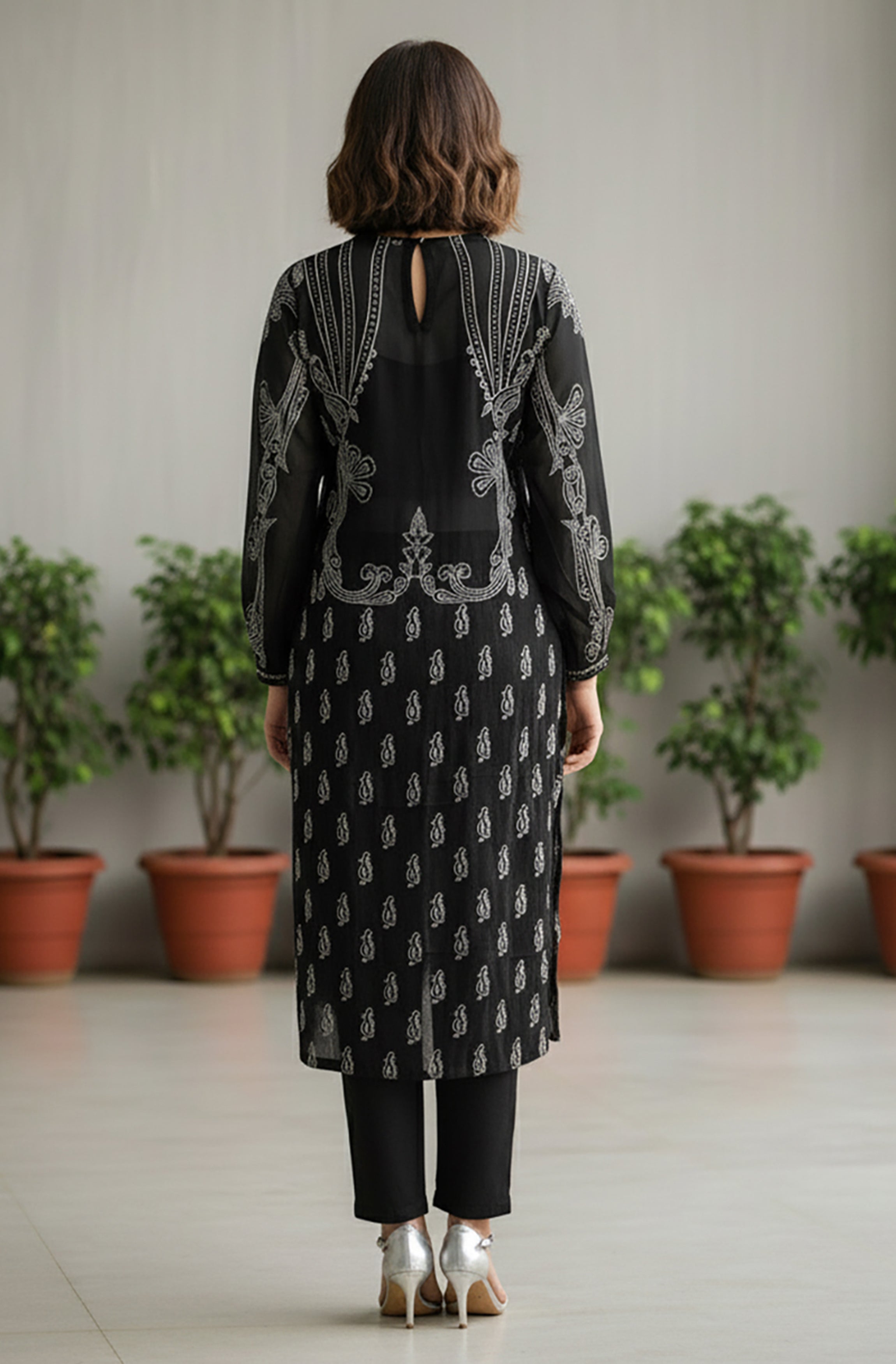 Janasya Black Straight Georgette Kurta, Bottom & Inner | Grocsy
