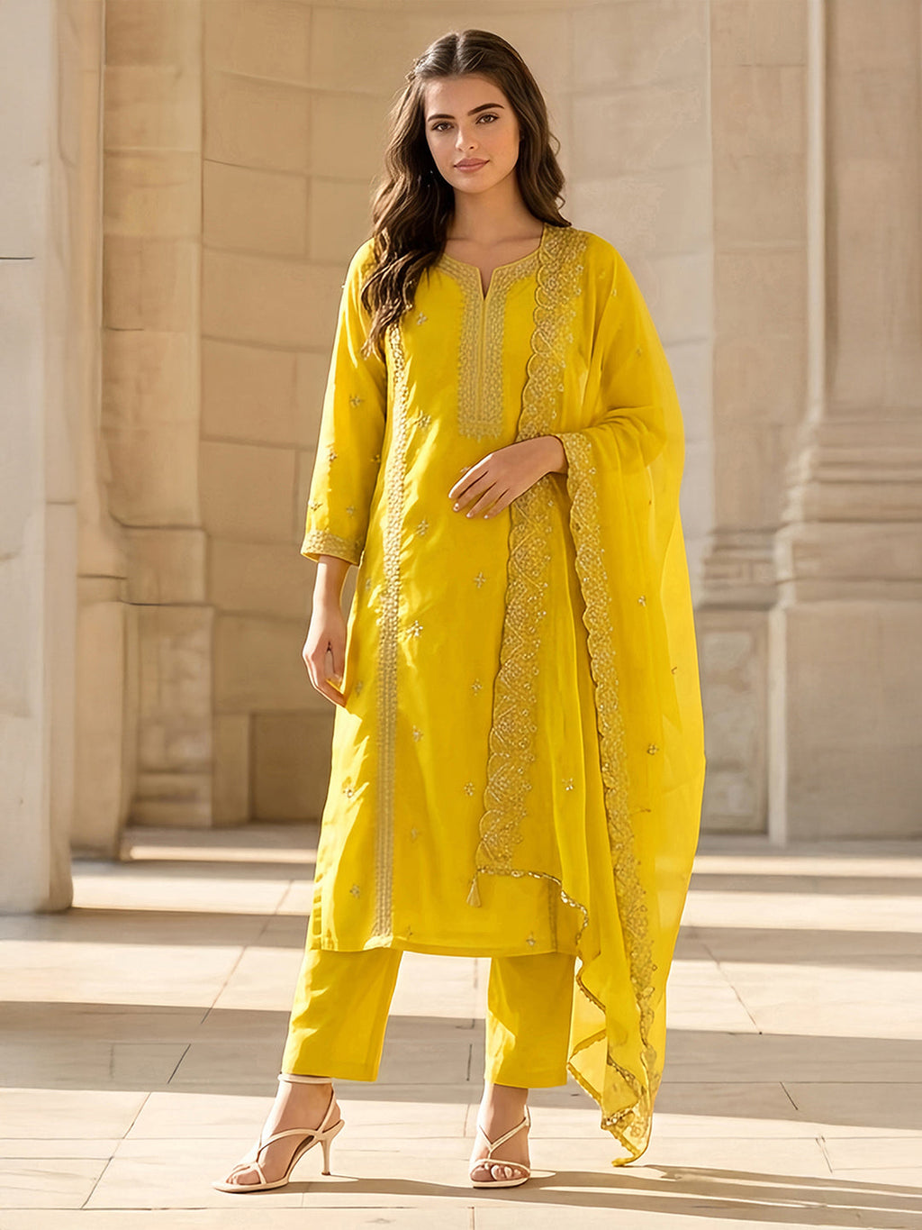 Janasya Yellow Straight Silk Blend Kurta,Bottom & Dupatta | Grocsy