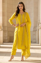 Janasya Yellow Straight Silk Blend Kurta,Bottom & Dupatta | Grocsy