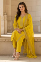 Janasya Yellow Straight Silk Blend Kurta,Bottom & Dupatta | Grocsy
