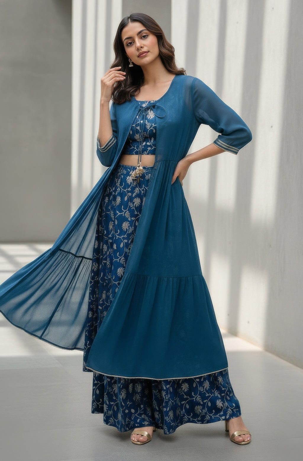 Janasya Teal Crop Silk Blend Top,Bottom & Jacket | Grocsy