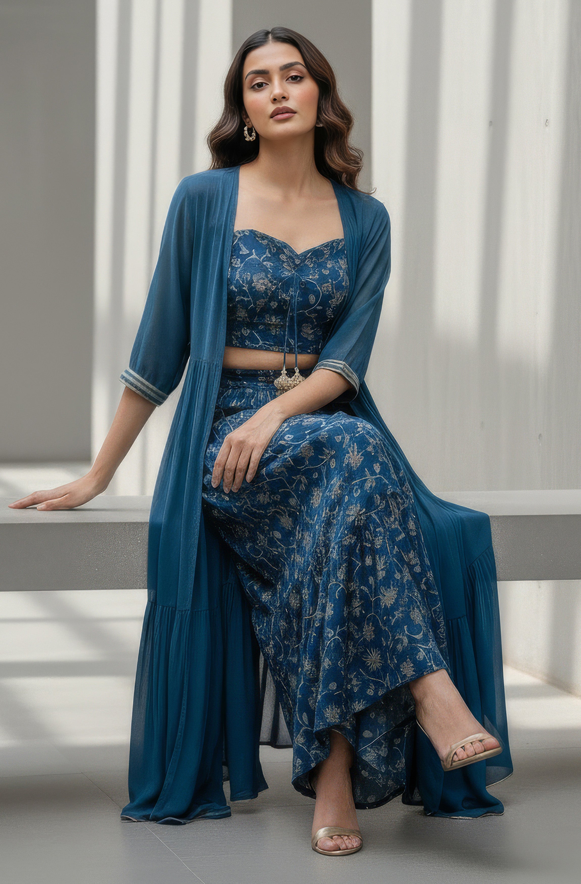 Janasya Teal Crop Silk Blend Top,Bottom & Jacket | Grocsy
