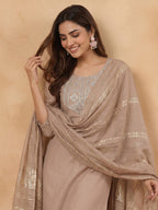 Janasya Beige Straight Cotton Blend Kurta,Bottom & Dupatta | Grocsy