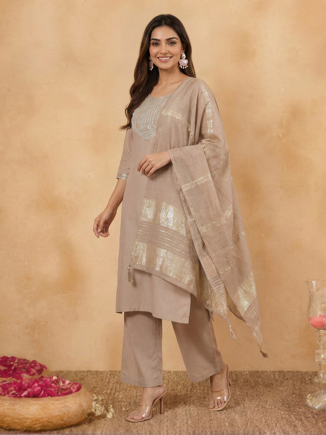 Janasya Beige Straight Cotton Blend Kurta,Bottom & Dupatta | Grocsy