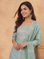 Janasya Sage Straight Cotton Blend Kurta,Bottom & Dupatta | Grocsy