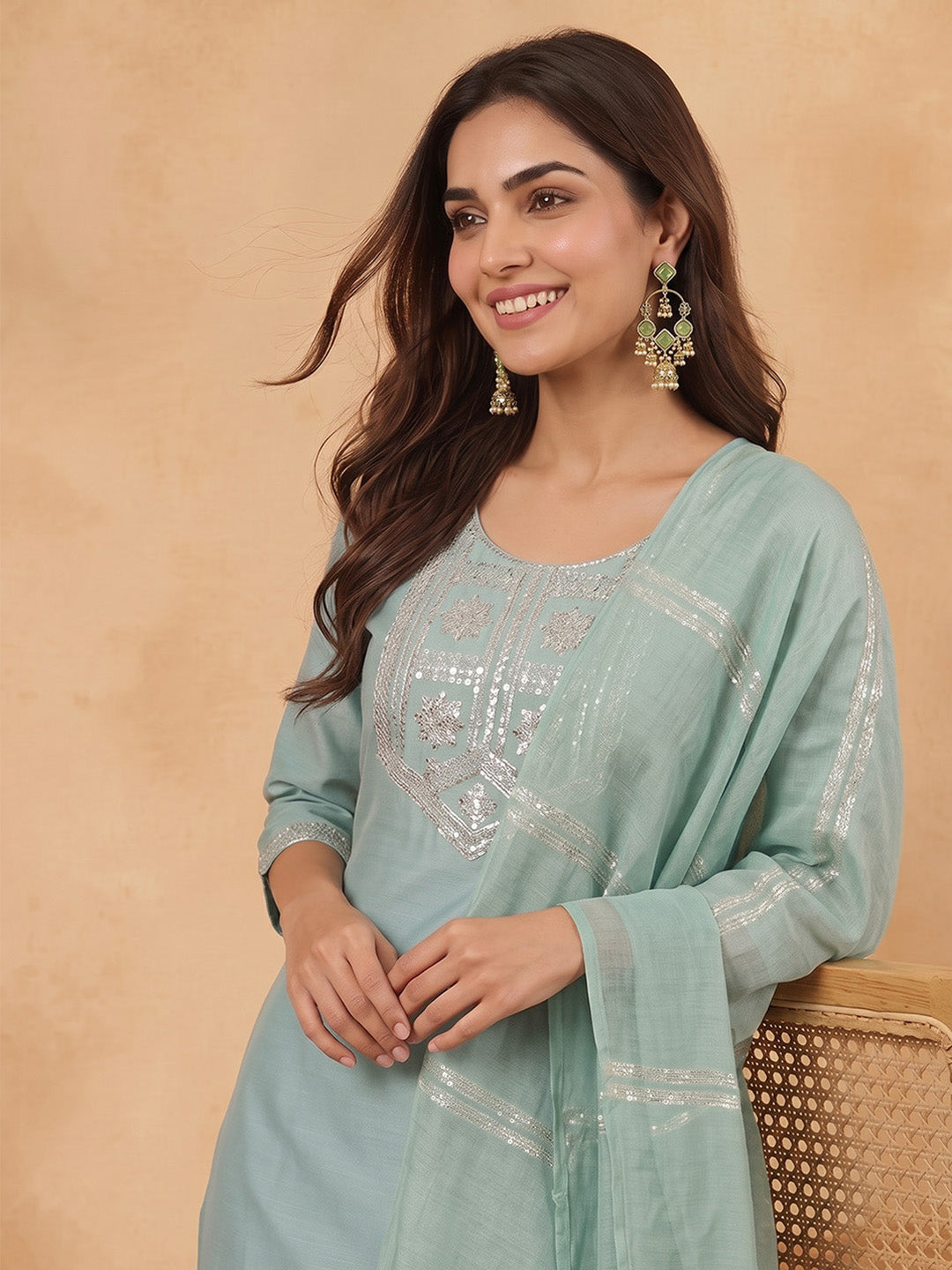 Janasya Sage Straight Cotton Blend Kurta,Bottom & Dupatta | Grocsy
