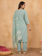 Janasya Sage Straight Cotton Blend Kurta,Bottom & Dupatta | Grocsy
