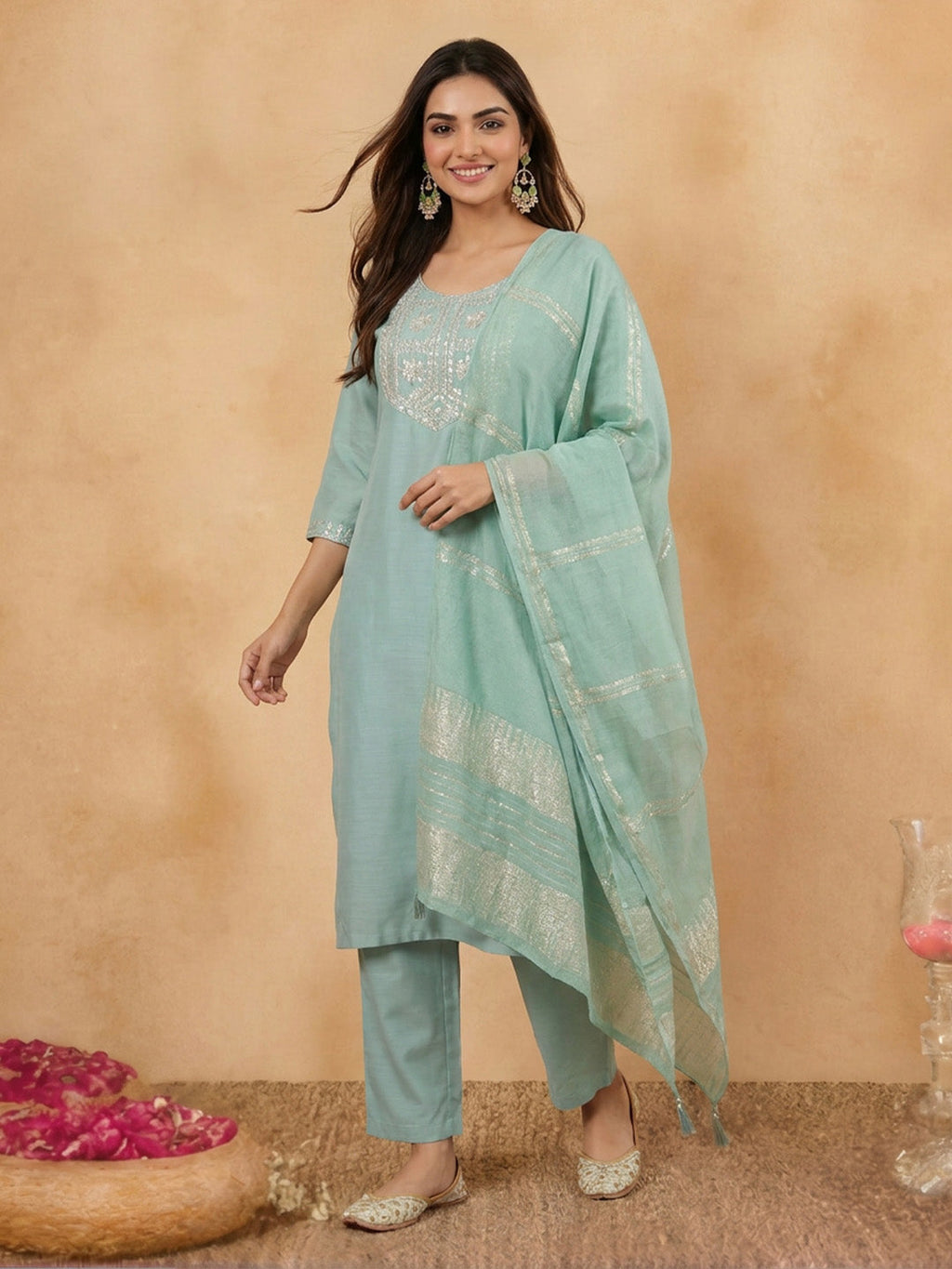 Janasya Sage Straight Cotton Blend Kurta,Bottom & Dupatta | Grocsy