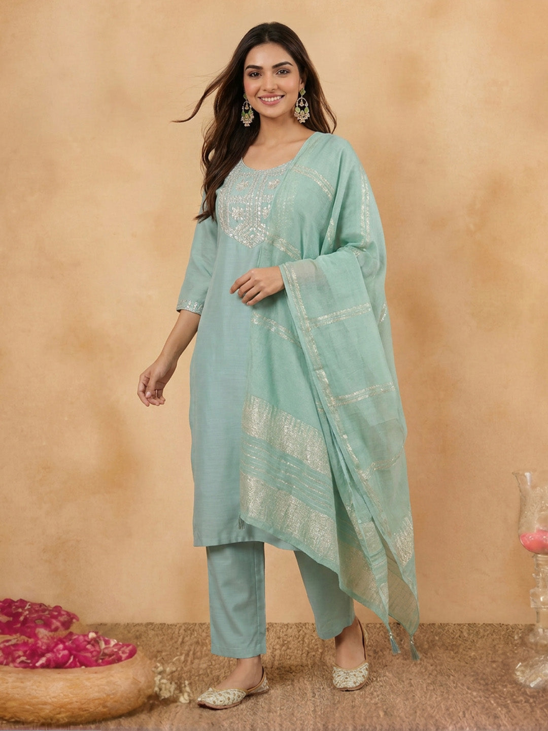 Janasya Sage Straight Cotton Blend Kurta,Bottom & Dupatta | Grocsy