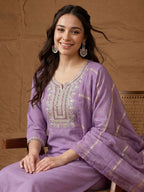 Janasya Lavender Straight Rayon Blend Kurta,Bottom & Dupatta | Grocsy