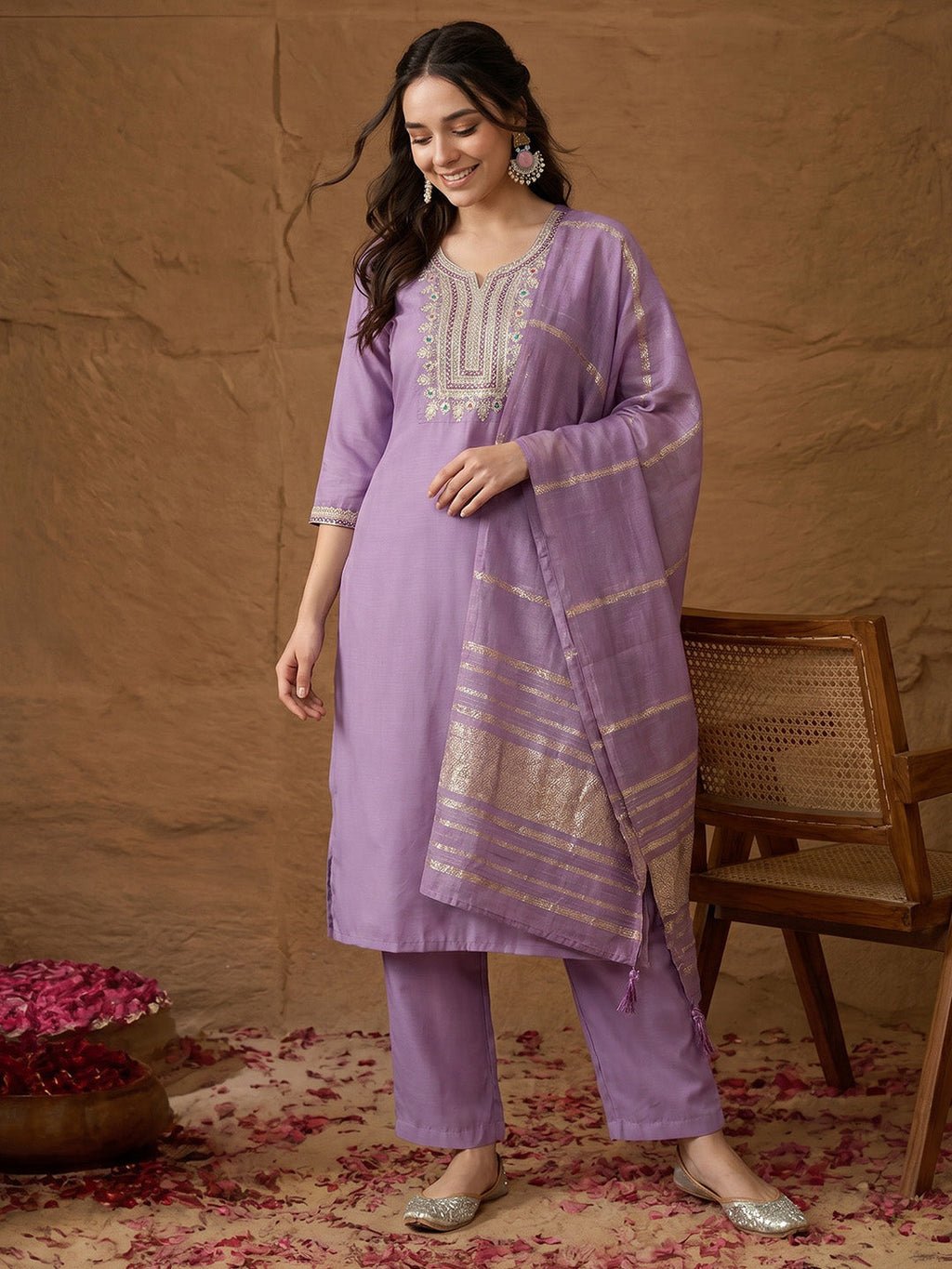 Janasya Lavender Straight Rayon Blend Kurta,Bottom & Dupatta | Grocsy