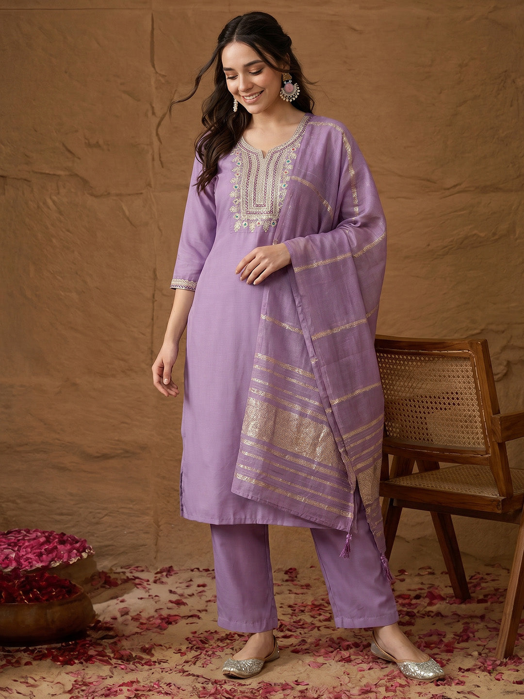 Janasya Lavender Straight Rayon Blend Kurta,Bottom & Dupatta | Grocsy