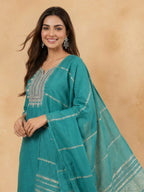 Janasya Teal Straight Cotton Blend Kurta,Bottom & Dupatta | Grocsy