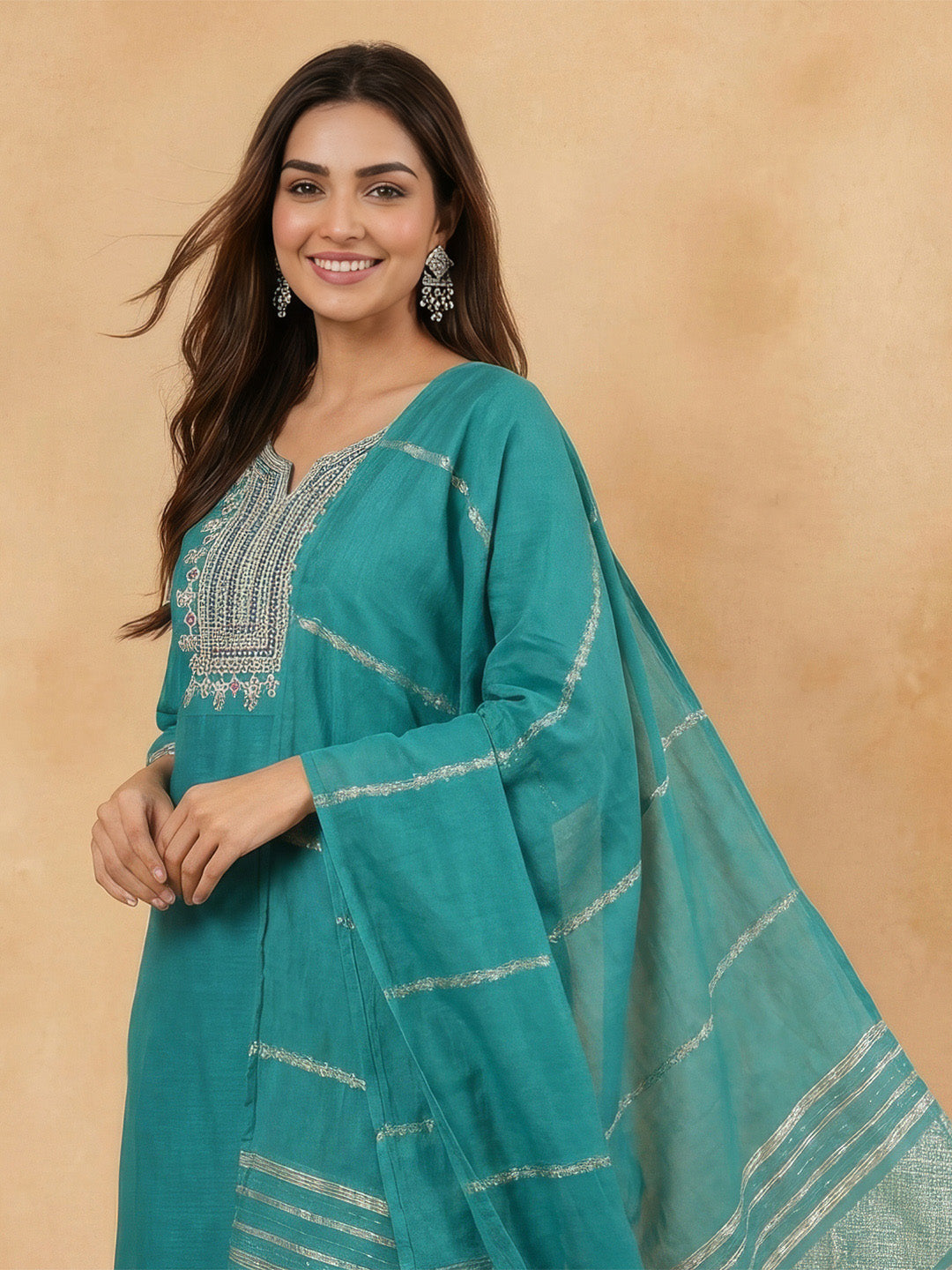 Janasya Teal Straight Cotton Blend Kurta,Bottom & Dupatta | Grocsy